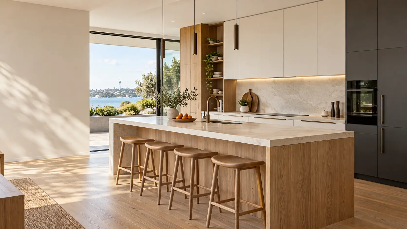 Contemporary Sturdy kitchen with warm oak cabinetry, pale stone benchtop and Auckland outlook